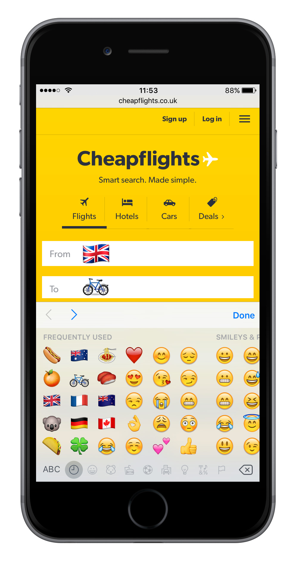 Cheapflights flight search with emojis