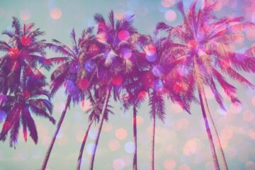 Palm trees on tropical beach with party glamour bokeh overlay, double exposure effect stylized