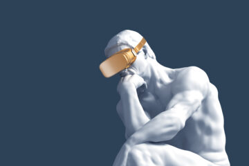Thinker With Golden VR Glasses Over Blue Background