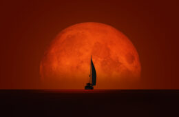 Yacht against a red moon