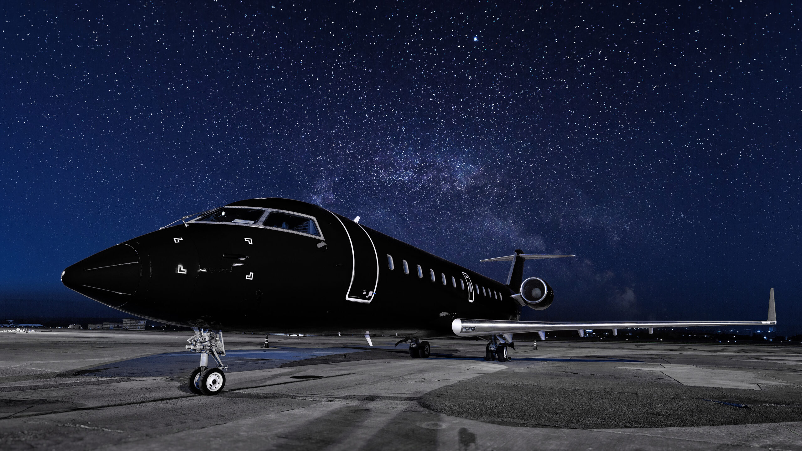 Private jet at night