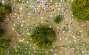 Aerial shot of crowds in park