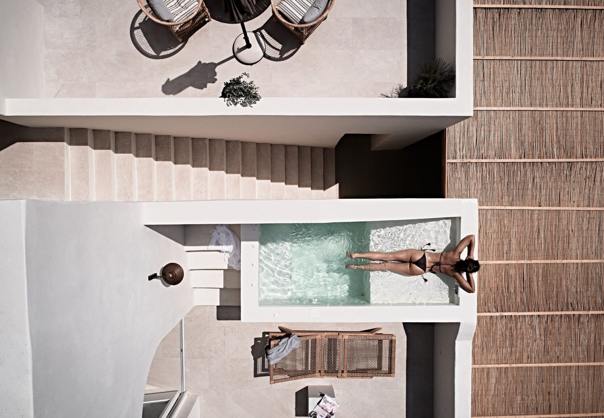 Aerial outdoor shot Istoria hotel Santorini