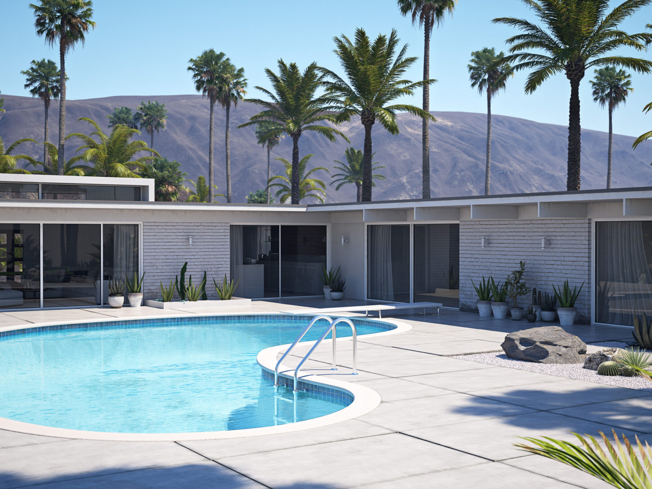 View of swimming pool and modern home exterior. 3d rendering