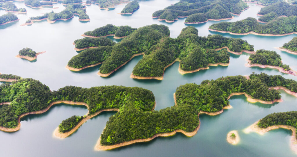 Aerial View of Thousand island lake. Bird view of Freshwater Qiandaohu. Sunken Valley in Chunan Country, Hangzhou, Zhejiang Province, China Mainland.
