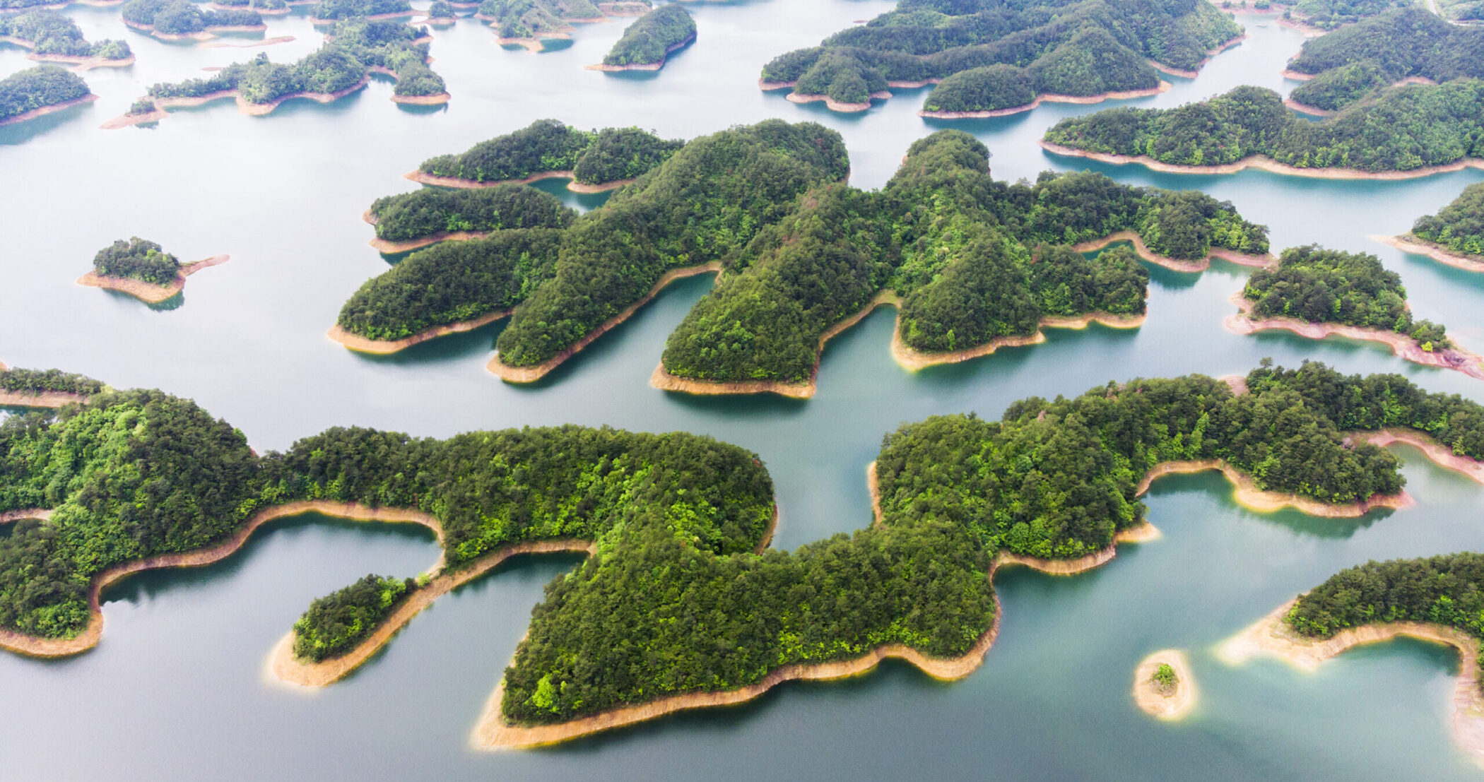 Aerial View of Thousand island lake. Bird view of Freshwater Qiandaohu. Sunken Valley in Chunan Country, Hangzhou, Zhejiang Province, China Mainland.