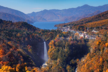 Landscape scene of Kegon waterfall with autumn season with the Chuzenji lake at Nikko, Japan. travel and sightseeing concept