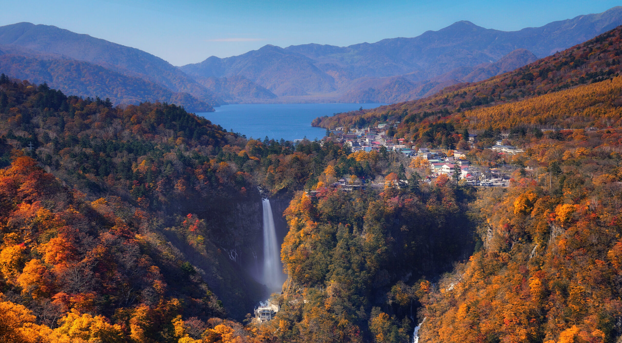 Landscape scene of Kegon waterfall with autumn season with the Chuzenji lake at Nikko, Japan. travel and sightseeing concept
