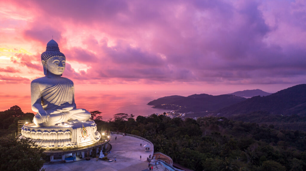 Aerial view Big Buddha at twilight, Big Buddha landmark of Phuket, Phukei Island, Thailand.