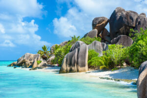 Source d'Argent Beach at island La Digue, Seychelles