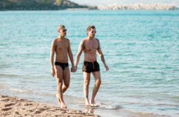 Gay men walking along beach
