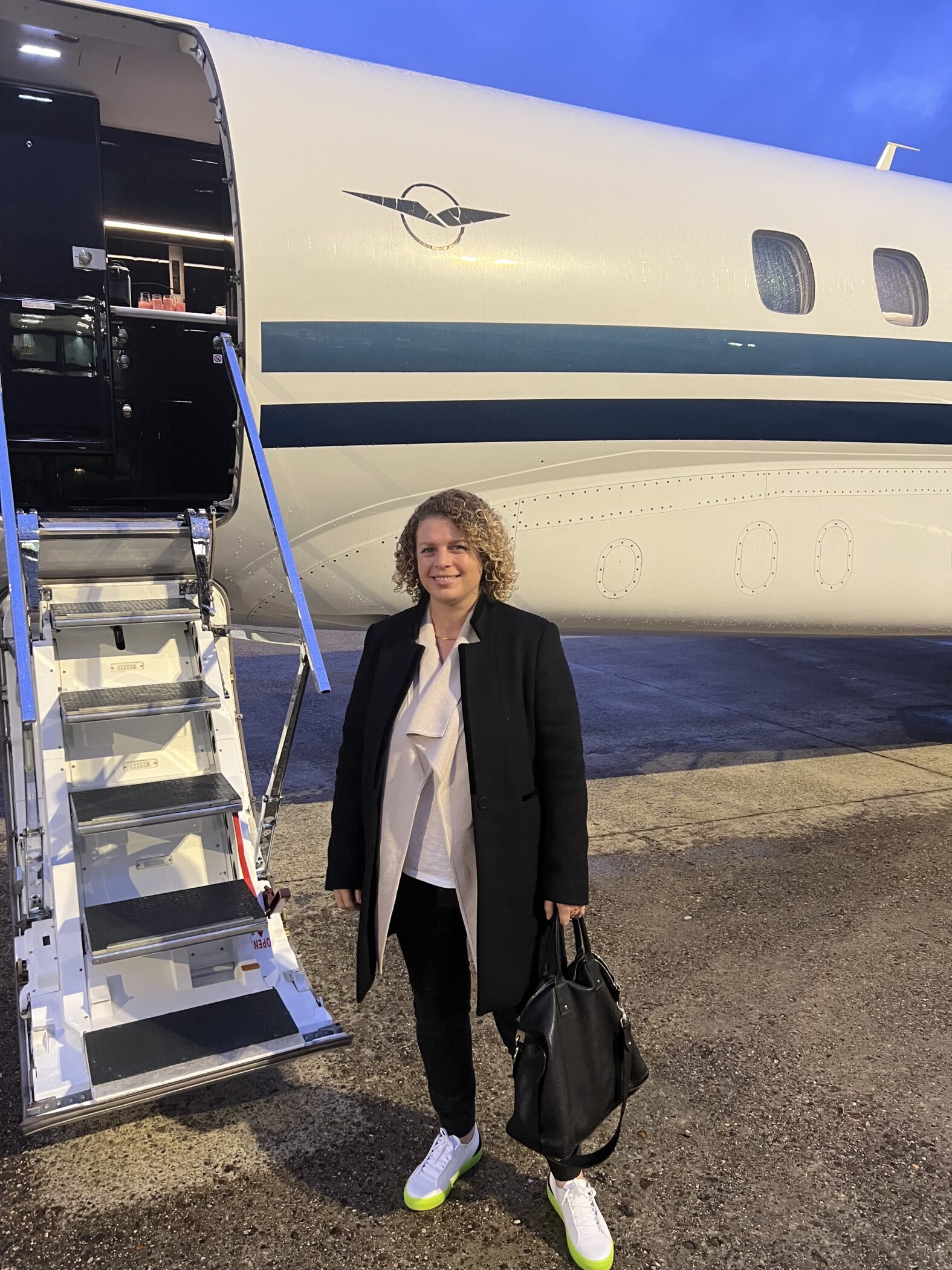 Jenny Southan boarding Victor private jet