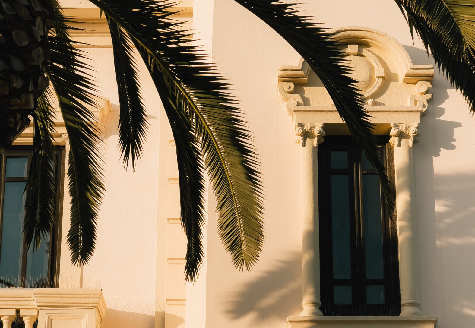 A sand-toned balcony in a sunny Mediterranean destination foregrounded by the fronds of a palmtree.