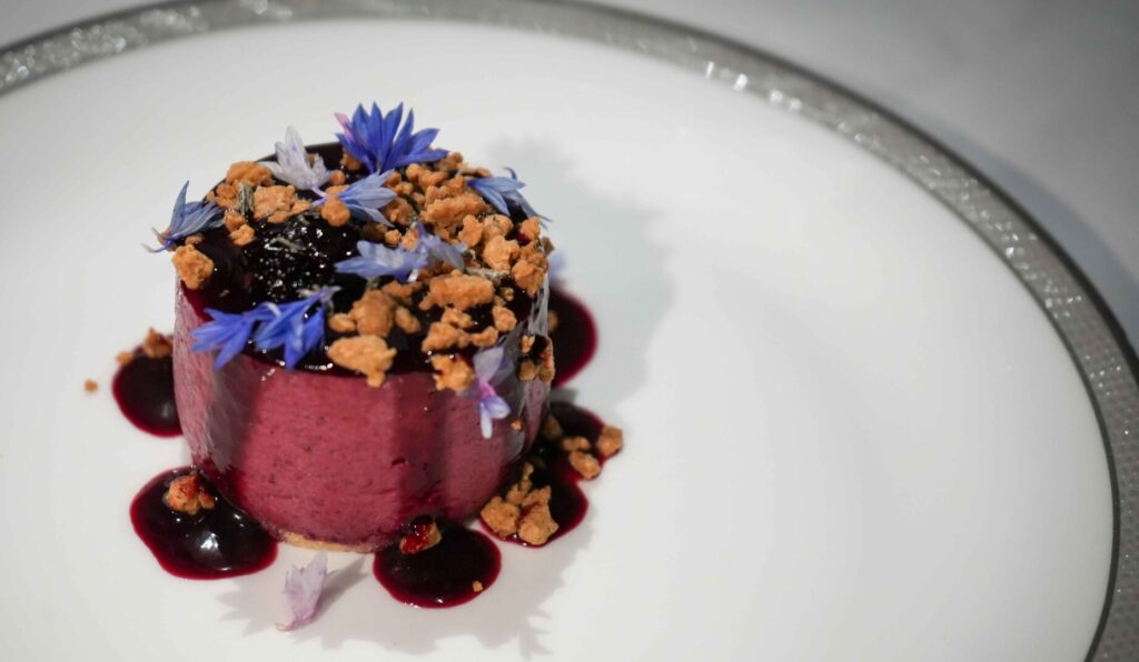 Blackberry Mousse with Lemon Thyme, Caramelised Chocolate Crumble by Monica Galetti &copy; Singapore Airlines